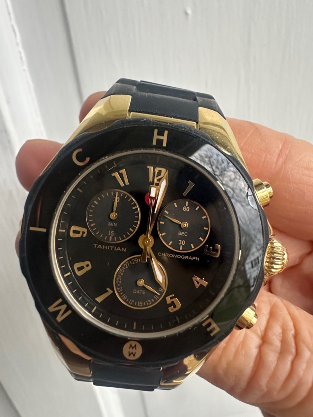 Michele Gold-Tone Stainless Steel Watch with Black Strap